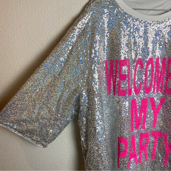 Plus size silver sequin oversized shirt PINK welcome to my party 3X dress S M L - Picture 6 of 7